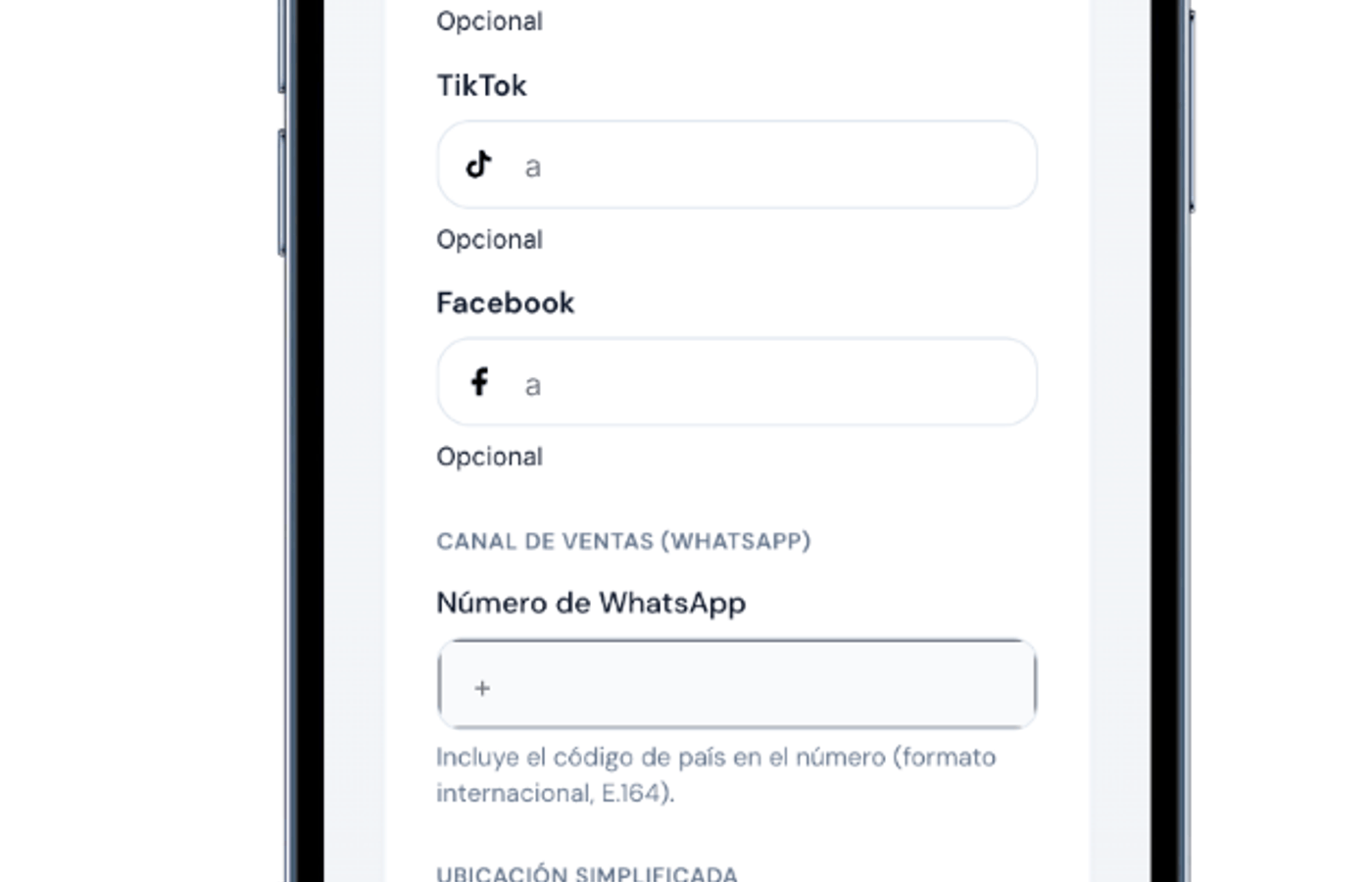 Formulario de Ventalink donde se agregan redes sociales, dirección y número de WhatsApp del negocio