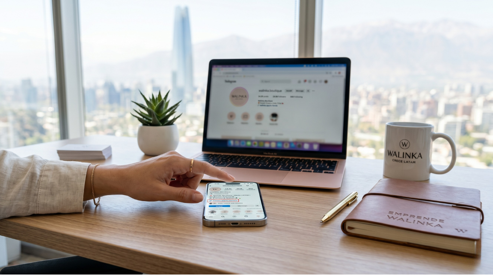 Ejemplo de un perfil de Instagram para negocios optimizado con Walinka. La imagen muestra el uso estratégico del 'Link en Bio' para dirigir clientes de una joyería a un catálogo digital. Fotografía aspiracional para emprendedores en Latinoamérica que buscan profesionalizar sus ventas por WhatsApp.