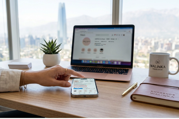Ejemplo de un perfil de Instagram para negocios optimizado con Walinka. La imagen muestra el uso estratégico del 'Link en Bio' para dirigir clientes de una joyería a un catálogo digital. Fotografía aspiracional para emprendedores en Latinoamérica que buscan profesionalizar sus ventas por WhatsApp.