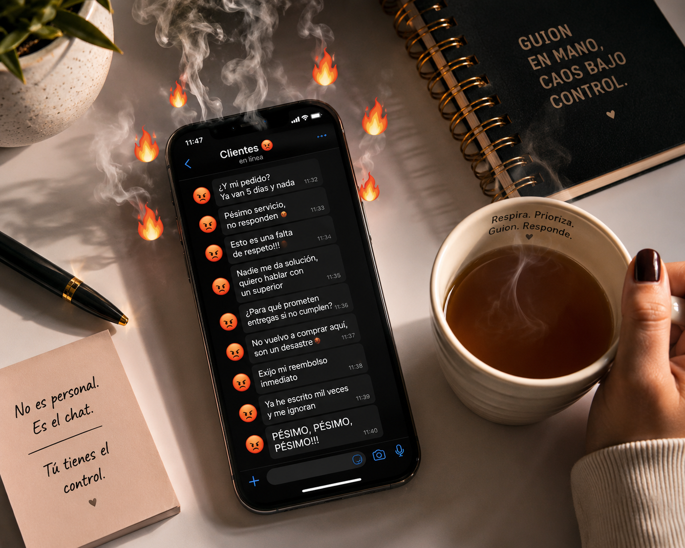 Vista superior de un teléfono mostrando mensajes agresivos de clientes enojados, rodeado de una taza de café y un cuaderno con consejos calmantes para gestionar el caos con un guion.