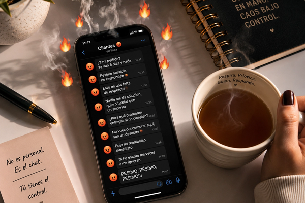 Vista superior de un teléfono mostrando mensajes agresivos de clientes enojados, rodeado de una taza de café y un cuaderno con consejos calmantes para gestionar el caos con un guion.