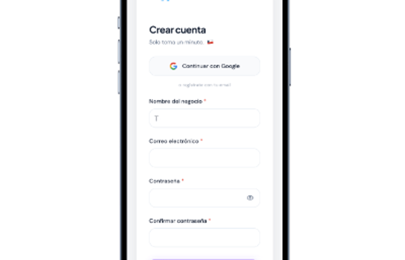 Pantalla de registro en Ventalink donde se ingresan nombre del negocio, correo electrónico y contraseña
