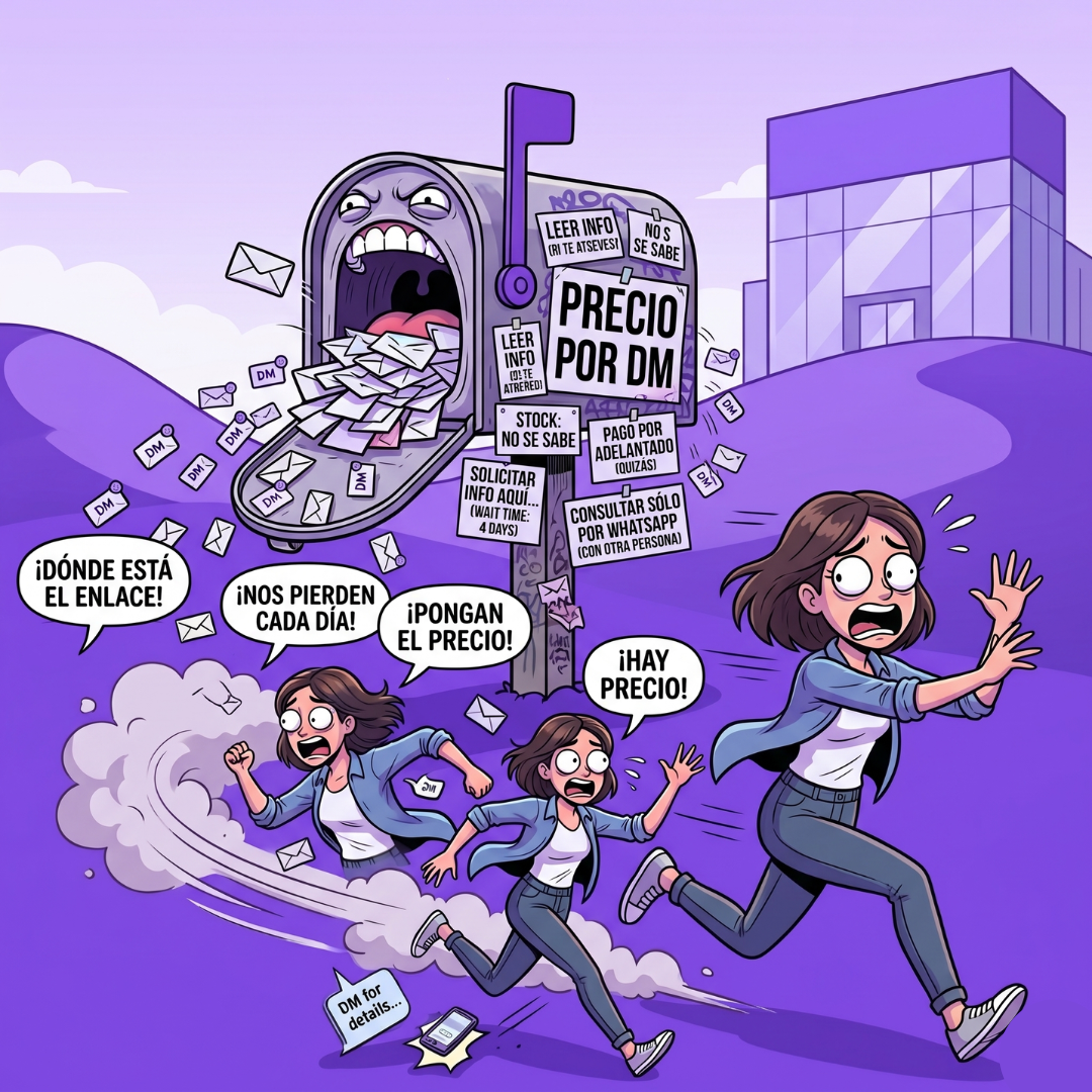 Dibujo humorístico sobre los errores de vender por WhatsApp: una persona corriendo para escapar de un buzón que oculta los precios (Precio por DM), representando la pérdida de clientes por falta de transparencia en un negocio digital