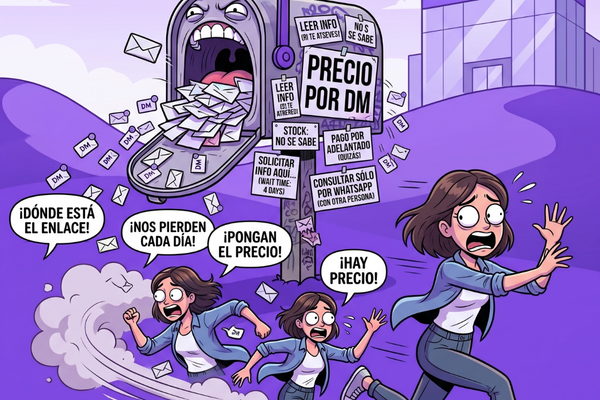Dibujo humorístico sobre los errores de vender por WhatsApp: una persona corriendo para escapar de un buzón que oculta los precios (Precio por DM), representando la pérdida de clientes por falta de transparencia en un negocio digital