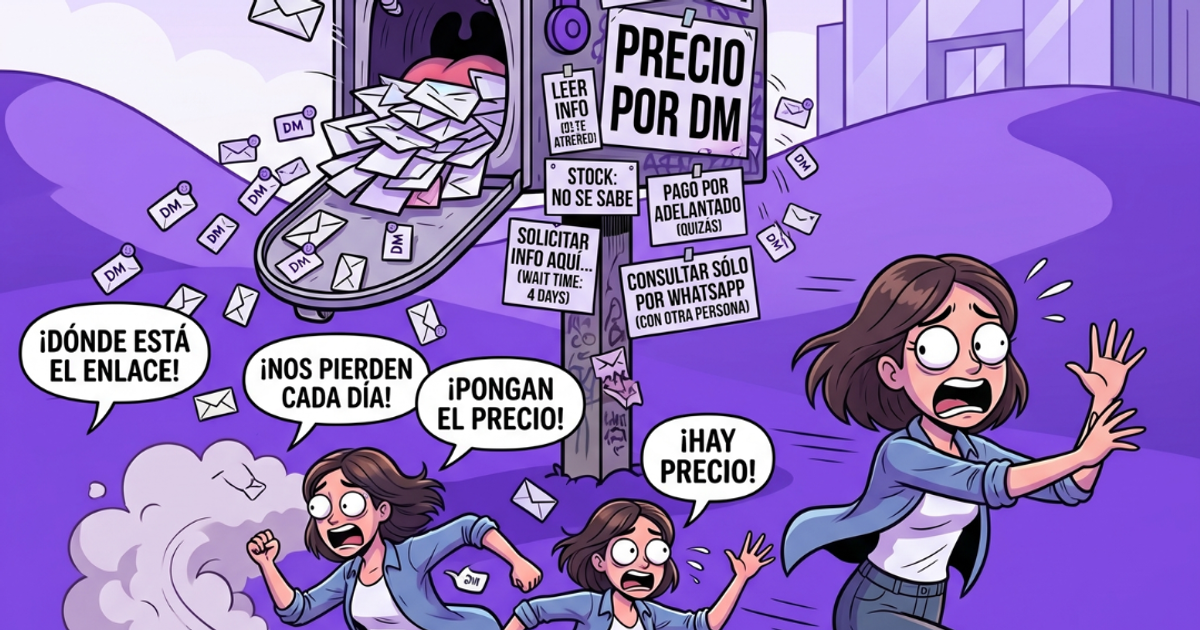 Dibujo humorístico sobre los errores de vender por WhatsApp: una persona corriendo para escapar de un buzón que oculta los precios (Precio por DM), representando la pérdida de clientes por falta de transparencia en un negocio digital