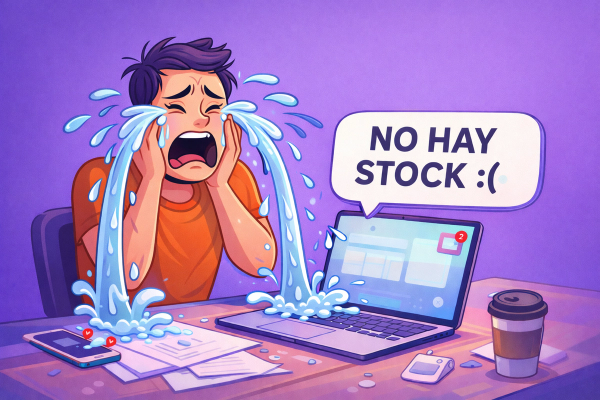 Ilustración caricaturesca de un hombre frente a su escritorio sobre un mar de lágrimas. Un notebook al lado muestra una burbuja de texto en color violeta con el mensaje 'NO HAY STOCK :(', representando el drama de un emprendedor al quedarse sin productos.