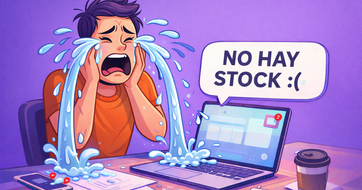 Ilustración caricaturesca de un hombre frente a su escritorio sobre un mar de lágrimas. Un notebook al lado muestra una burbuja de texto en color violeta con el mensaje 'NO HAY STOCK :(', representando el drama de un emprendedor al quedarse sin productos.