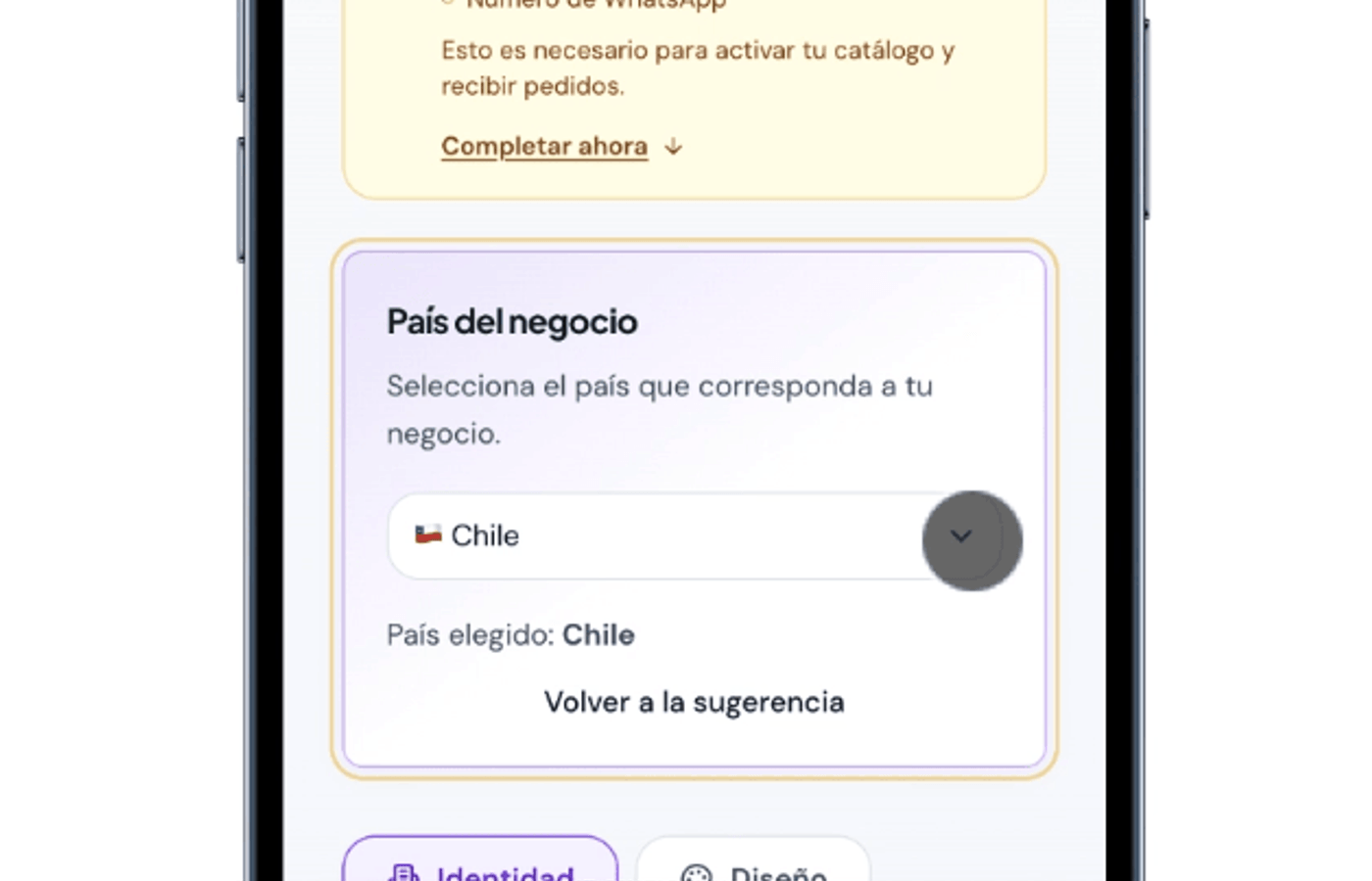 Configuración inicial en Ventalink donde se selecciona el país y se ingresa el número de WhatsApp