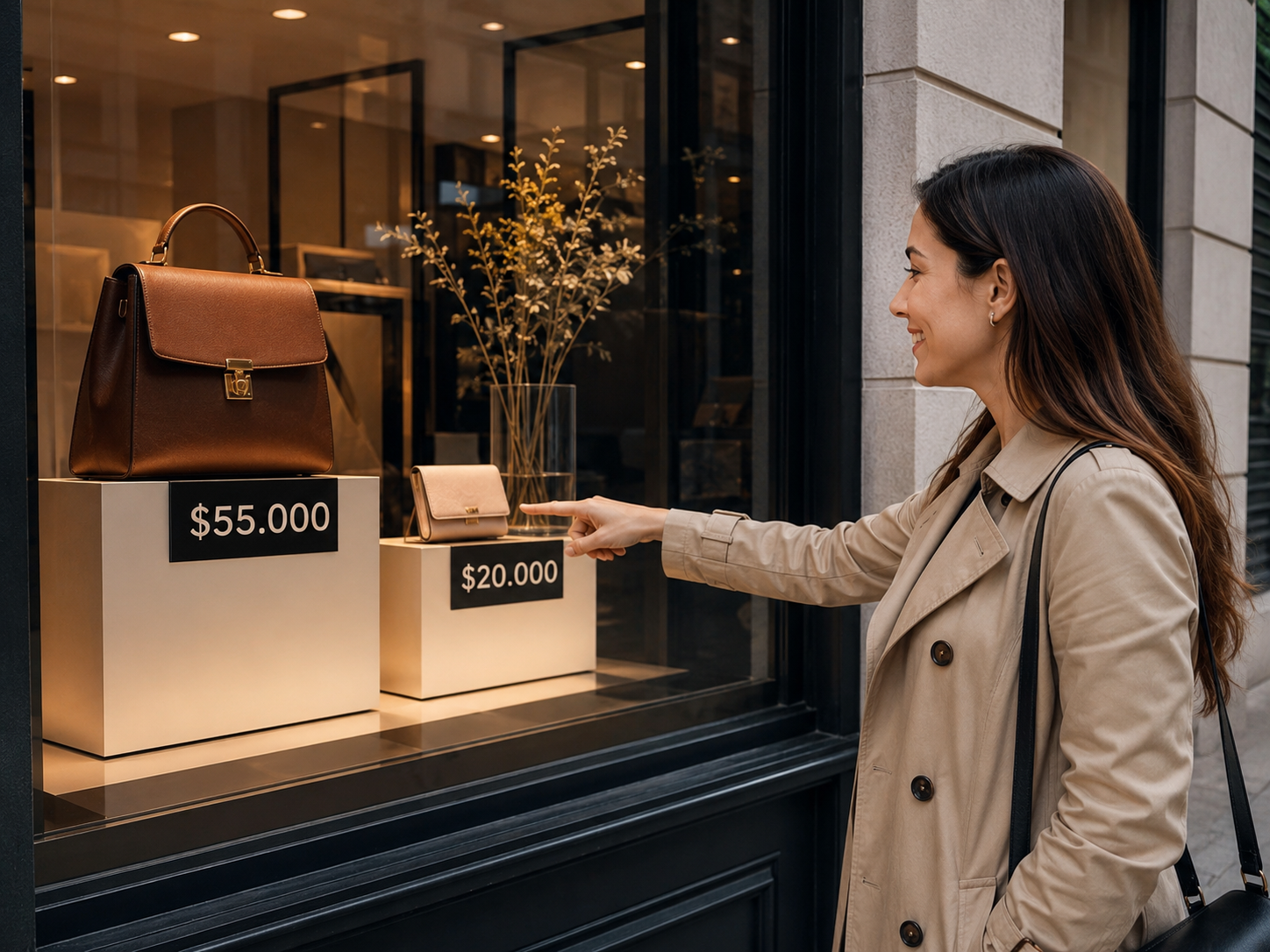 Una mujer sonriente con gabardina beige parada frente a un escaparate de una boutique de lujo. Apunta con el dedo hacia un bolso de mano beige pequeño con un precio de "$20.000". Junto a él hay un bolso de cuero marrón más grande con un precio de "$55.000"