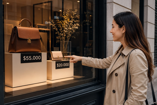 Una mujer sonriente con gabardina beige parada frente a un escaparate de una boutique de lujo. Apunta con el dedo hacia un bolso de mano beige pequeño con un precio de "$20.000". Junto a él hay un bolso de cuero marrón más grande con un precio de "$55.000"