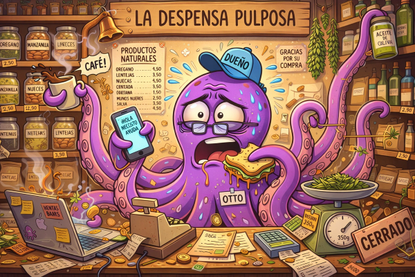 Ilustración cómica de un pulpo estresado con ocho tentáculos trabajando simultáneamente en una tienda de productos naturales desordenada, respondiendo mensajes de clientes en un smartphone mientras hace muchas otras tareas a la vez, con expresión de agotamiento. Estilo dibujo animado expresivo."