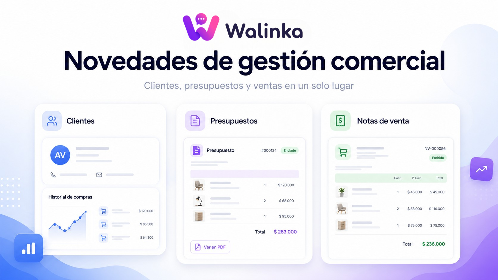 Novedades de gestión comercial en Walinka: módulos de clientes, presupuestos y notas de venta.