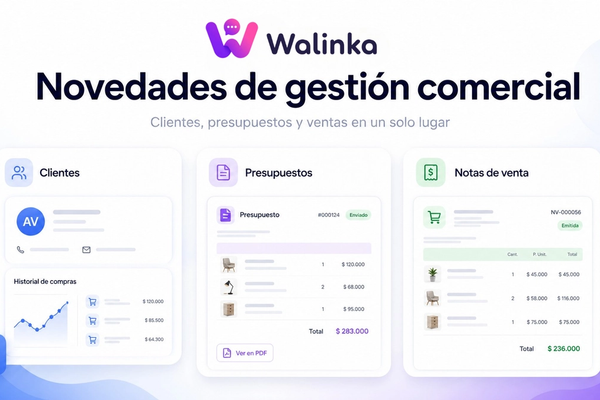 Novedades de gestión comercial en Walinka: módulos de clientes, presupuestos y notas de venta.