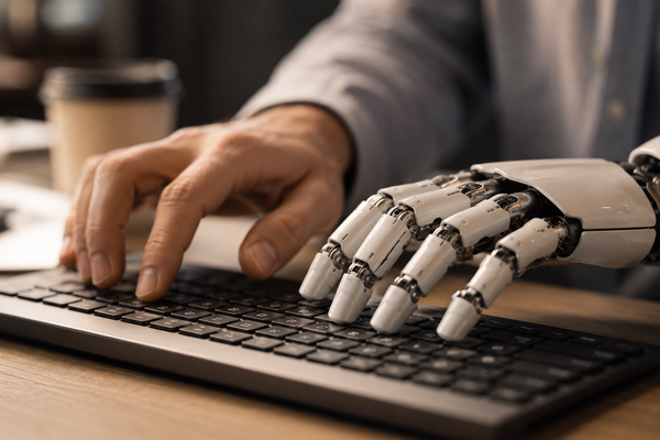 Una mano humana y una mano robótica escribiendo juntas sobre el mismo teclado negro, representando la colaboración entre un emprendedor y la inteligencia artificial para redactar textos.