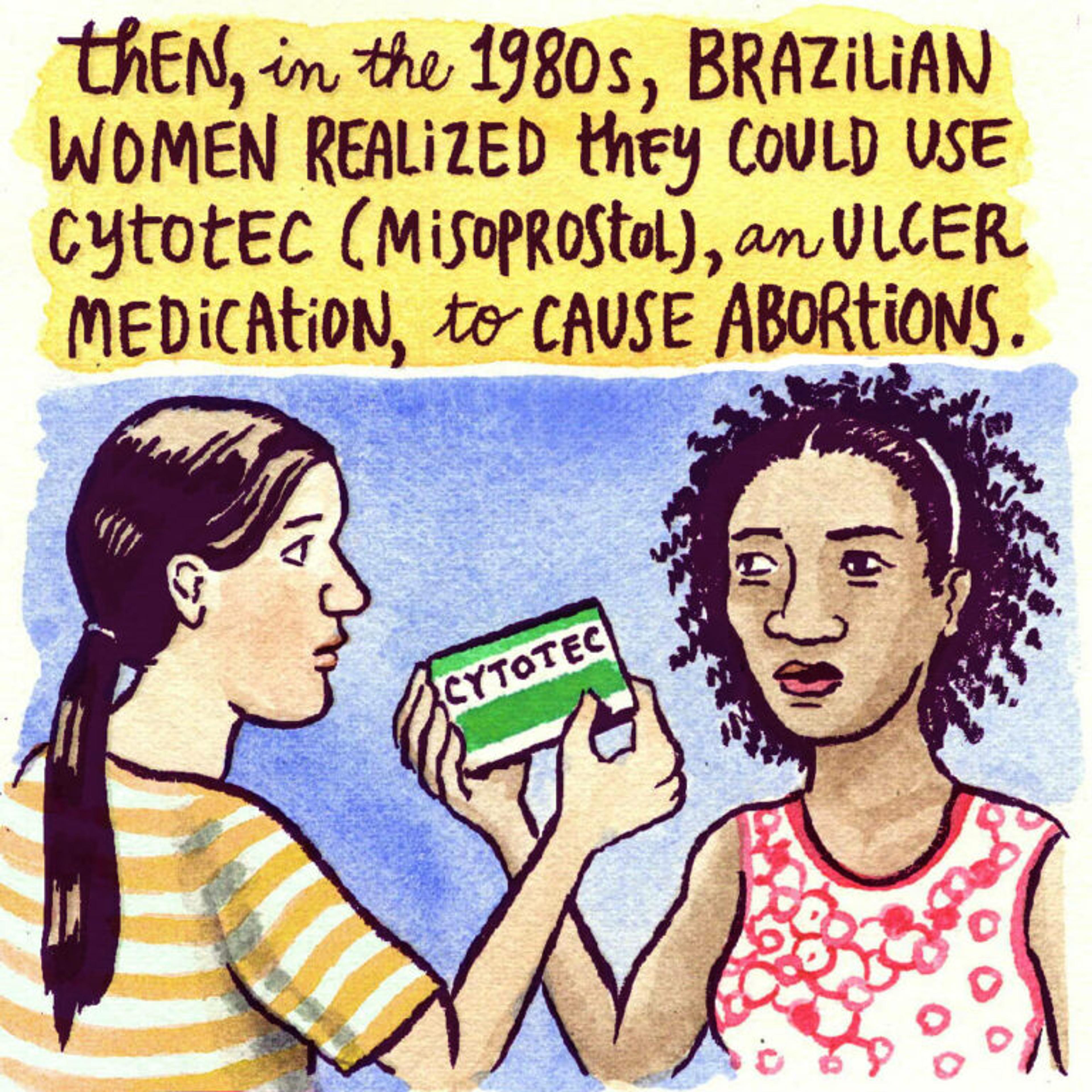 an illustration of a woman handing another woman a box of cytotec