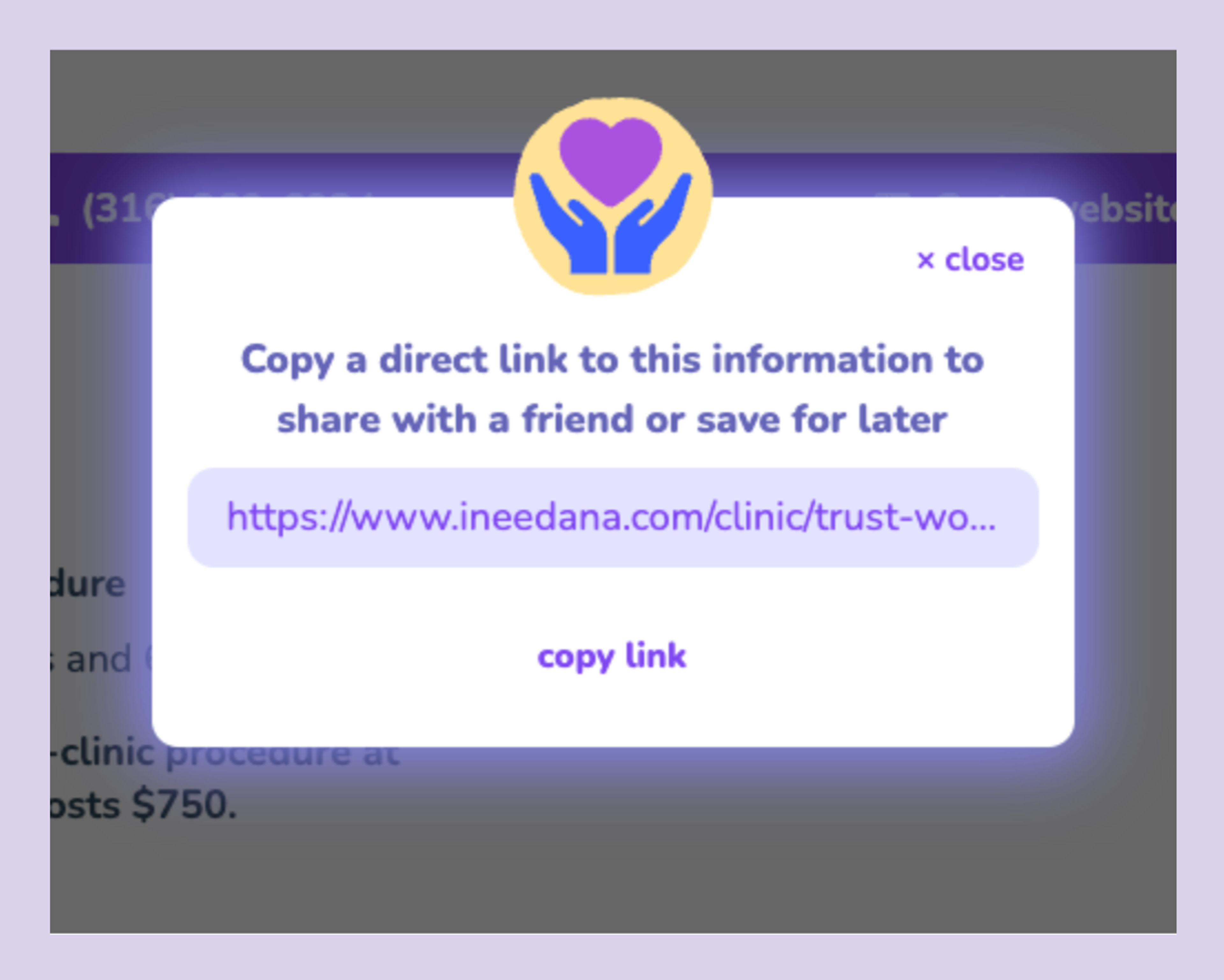 screenshot of a modal where users can copy a direct link to an abortion provider