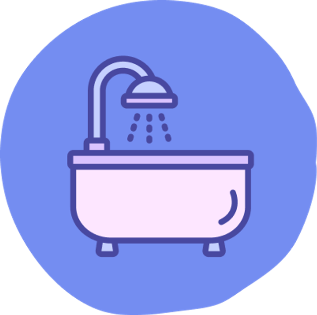 pink bathtub with a shower head, purple background