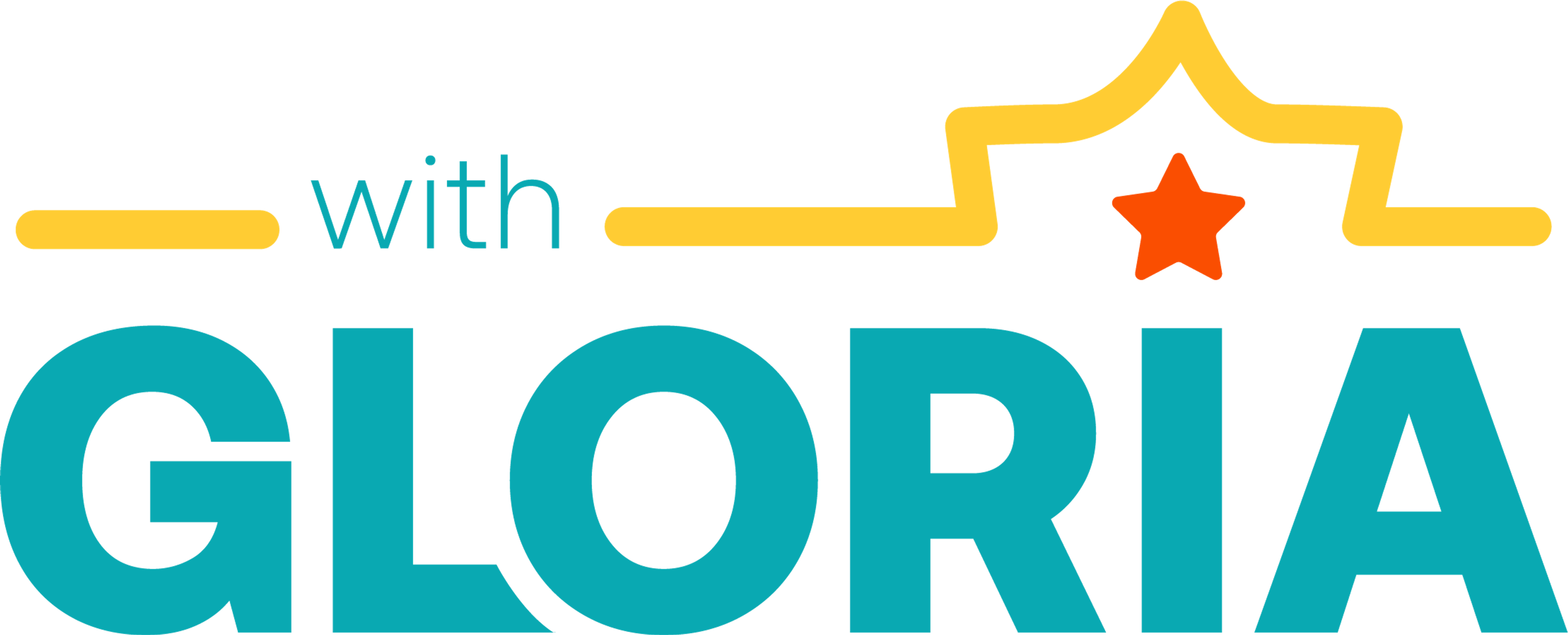 logo with "gloria" in teal and a yellow border outline above it going around a red star