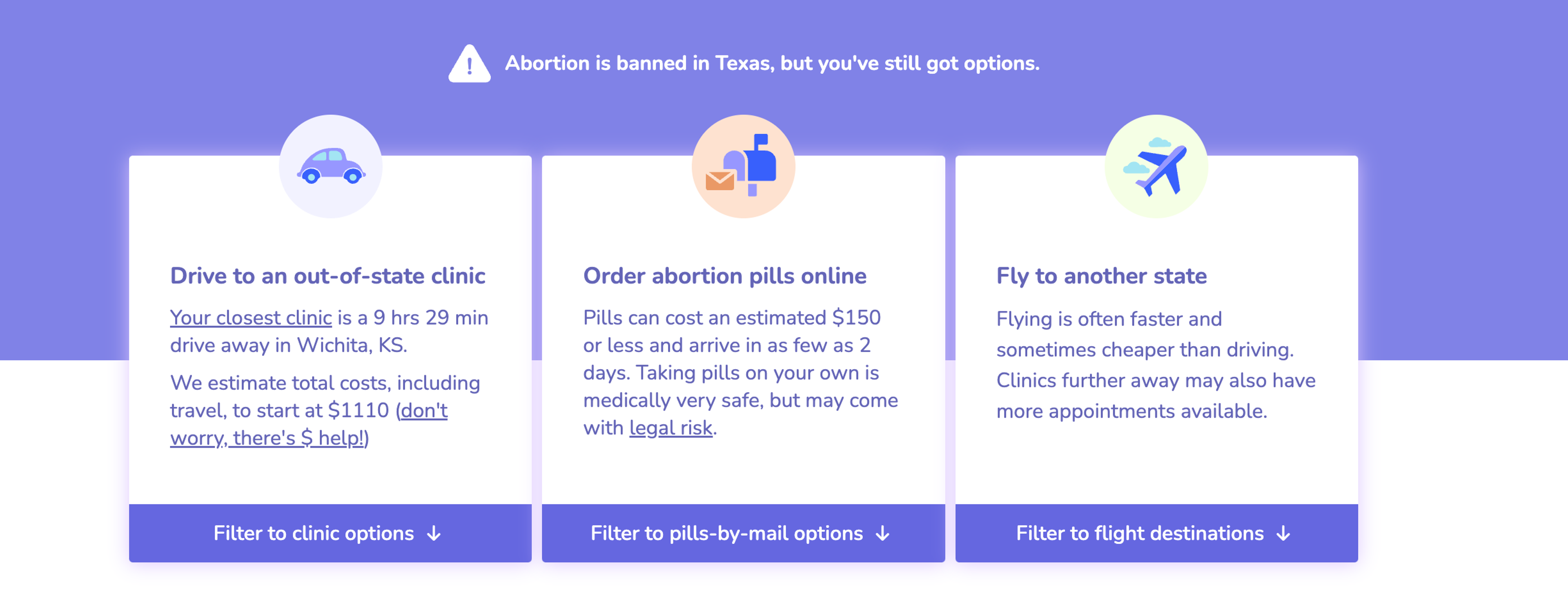 cards displaying abortion options above the filters on our ui
