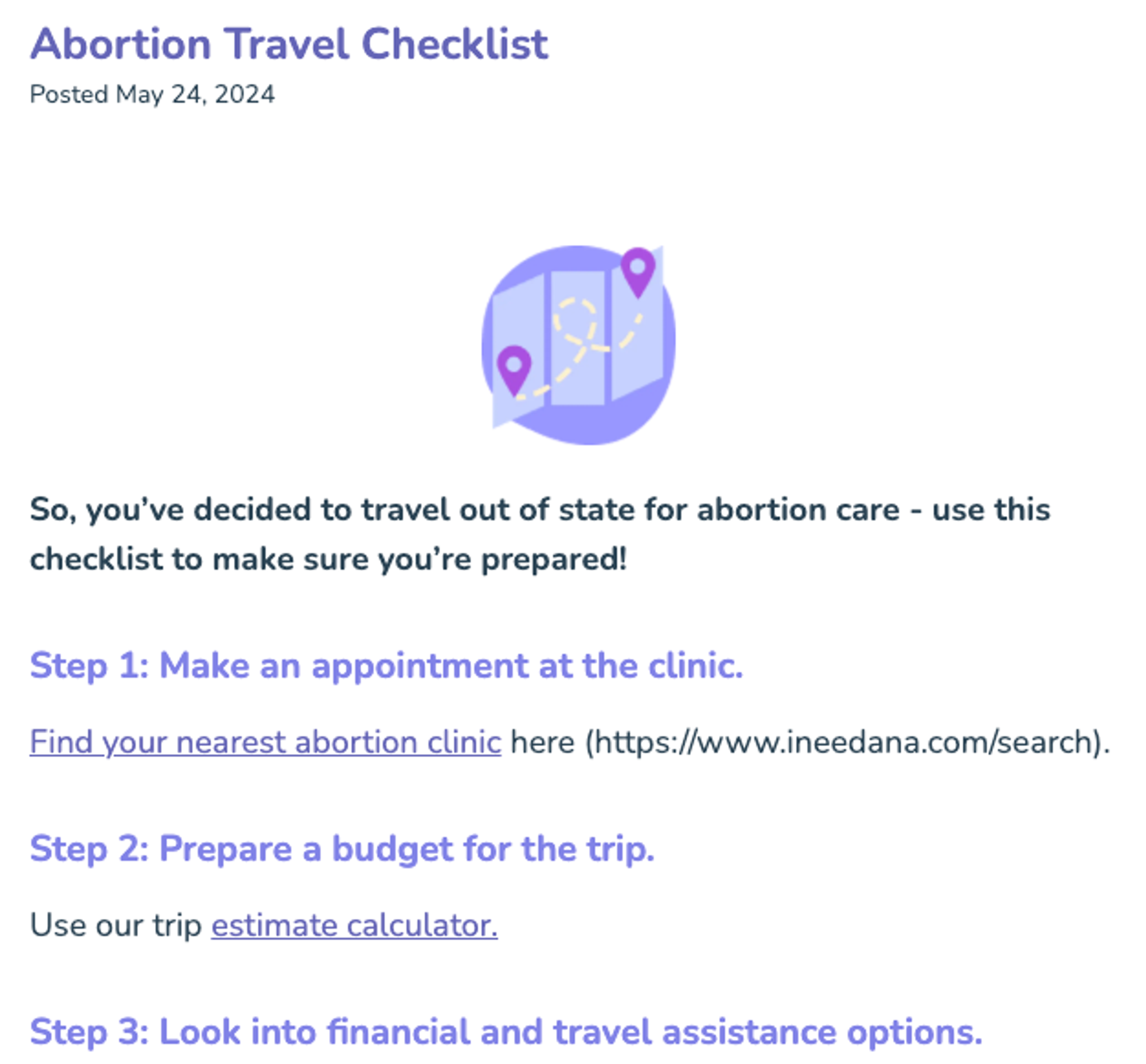 screenshot of abortion travel checklist