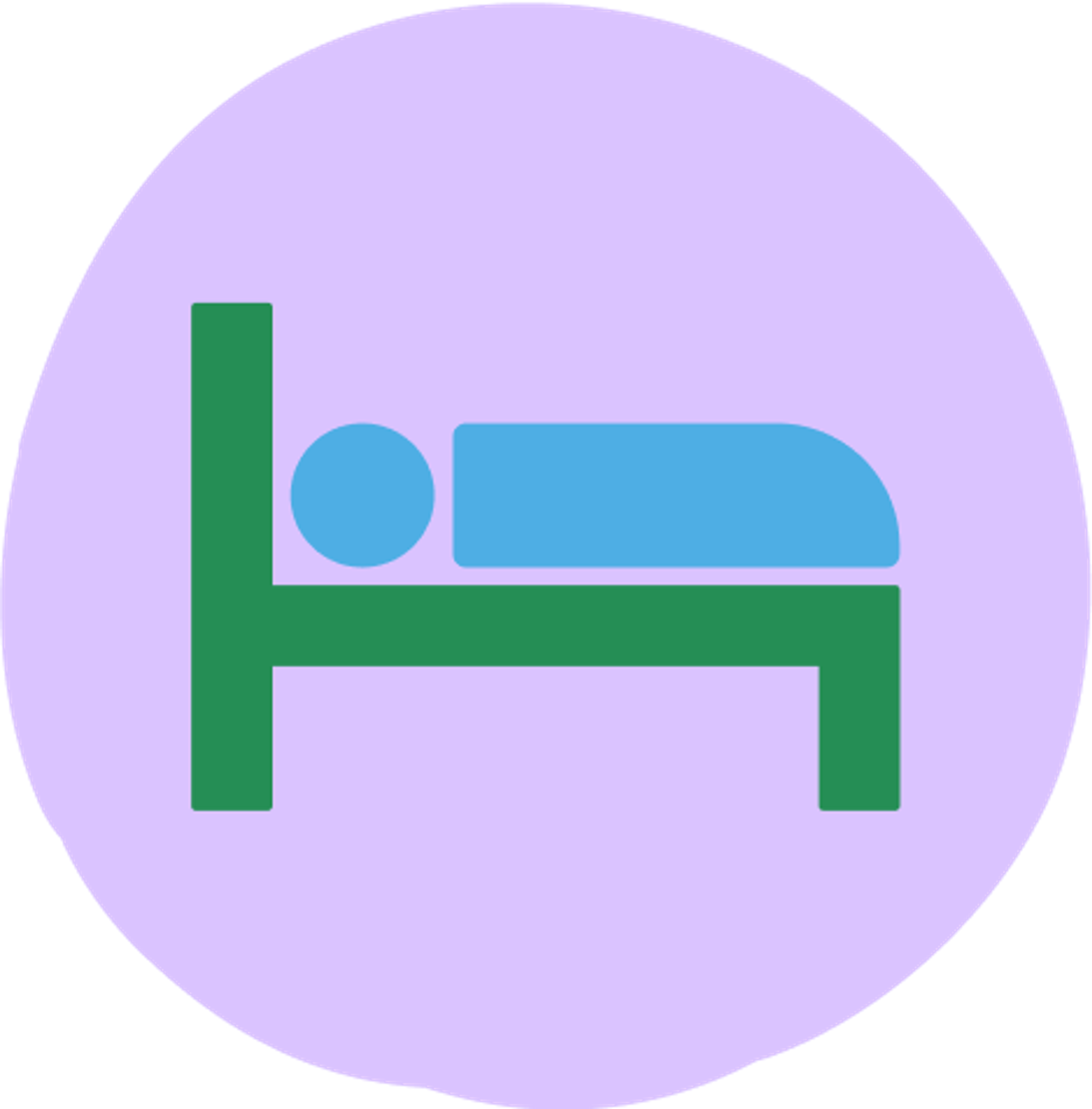 illustration of a blue figure laying in a green bed with a light purple background