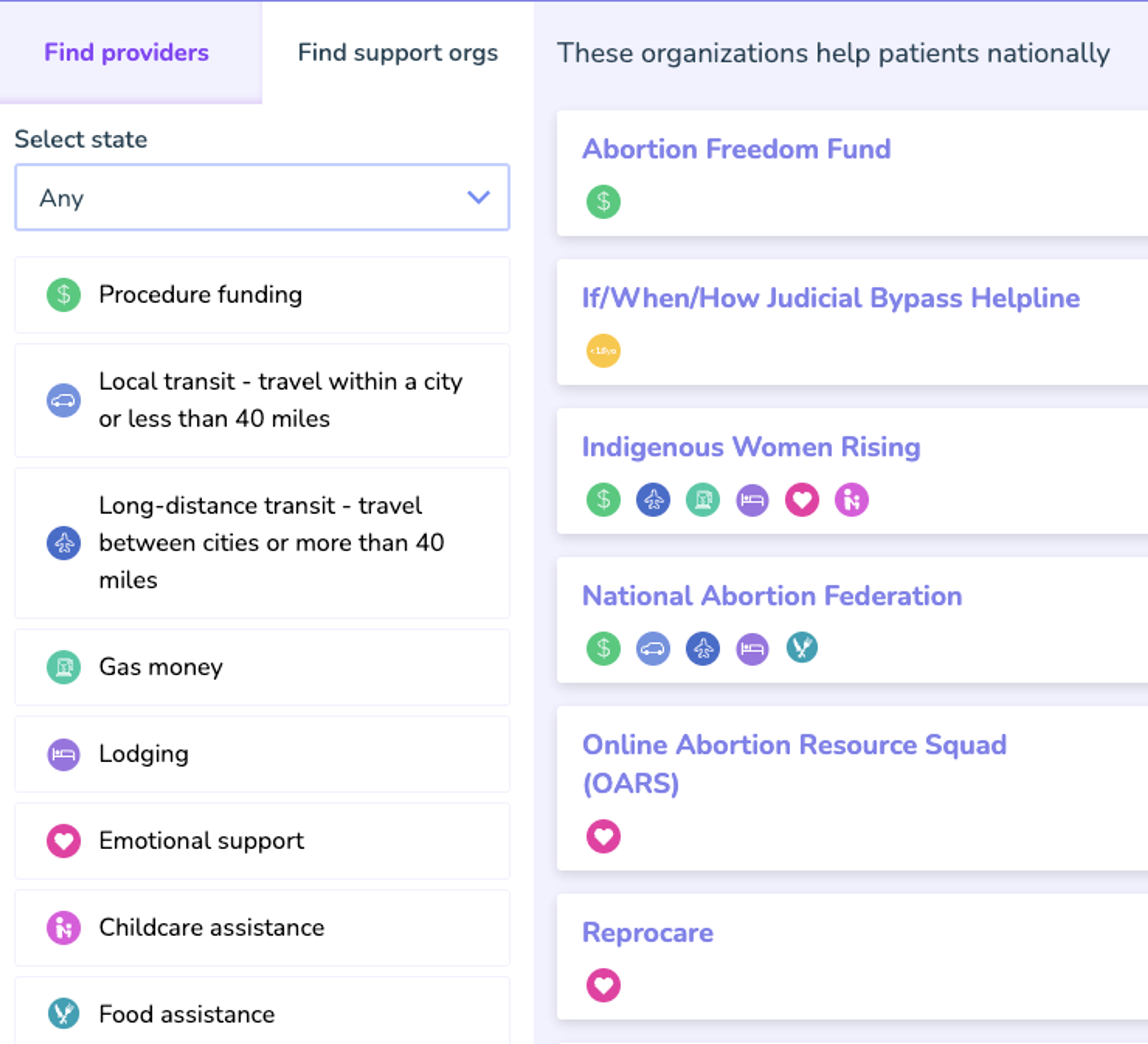 screenshot of support orgs page 