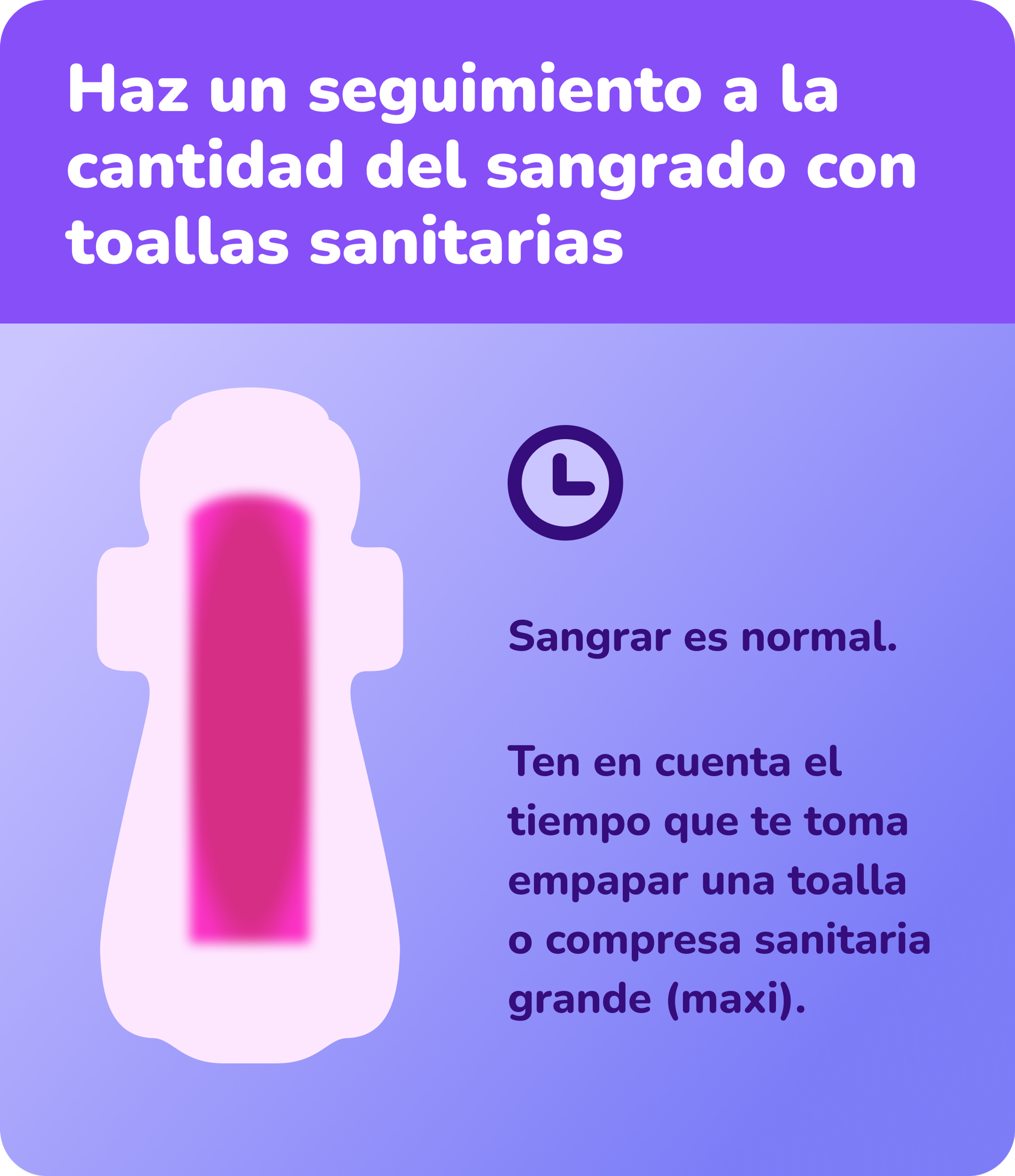 Haz un seguimiento a la cantidad del sangrado con toallas sanitarias   Sangrar es normal.  Ten en cuenta el tiempo que te toma empapar una toalla o compresa sanitaria grande (maxi).