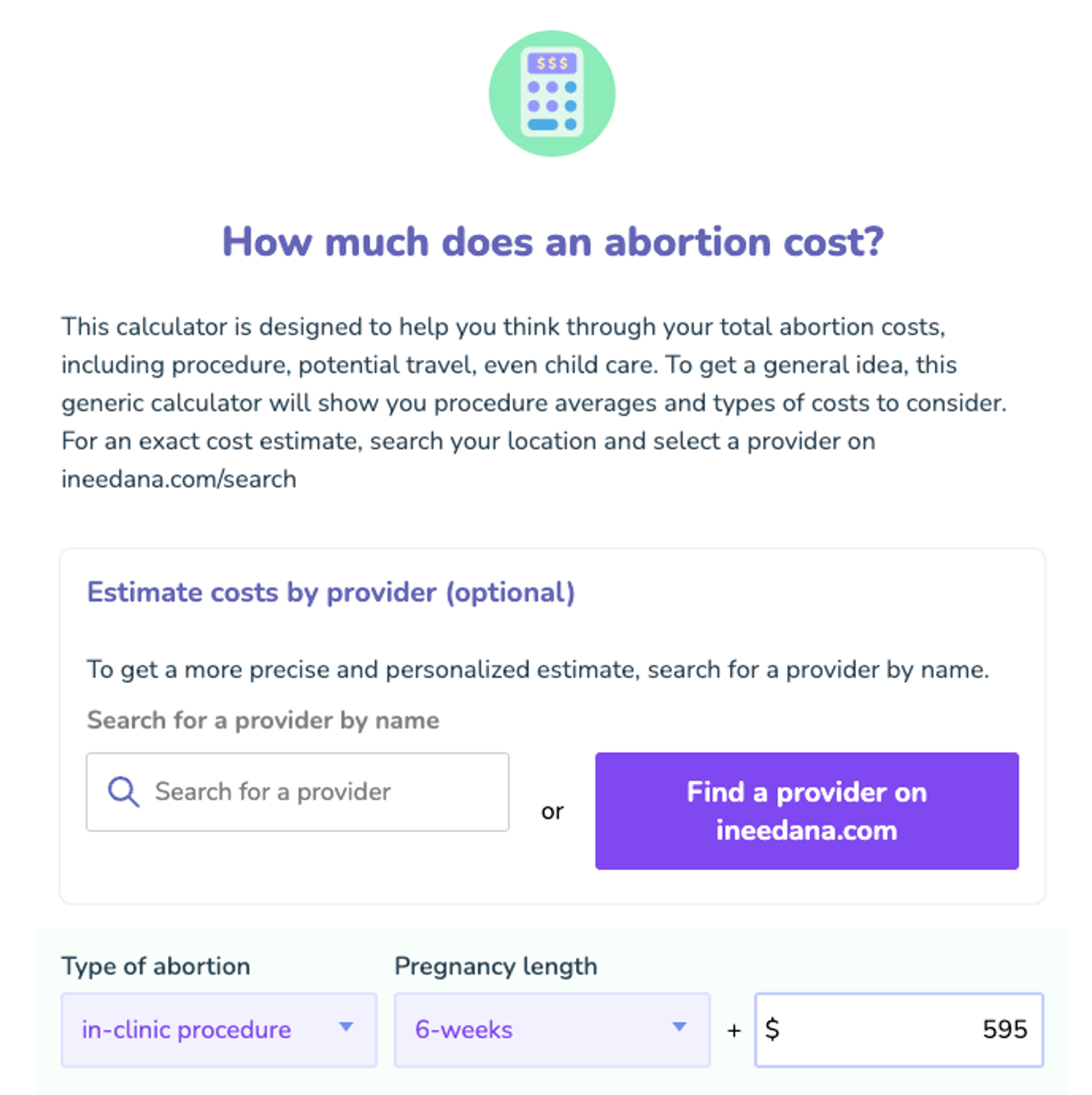 screenshot of abortion cost estimator page