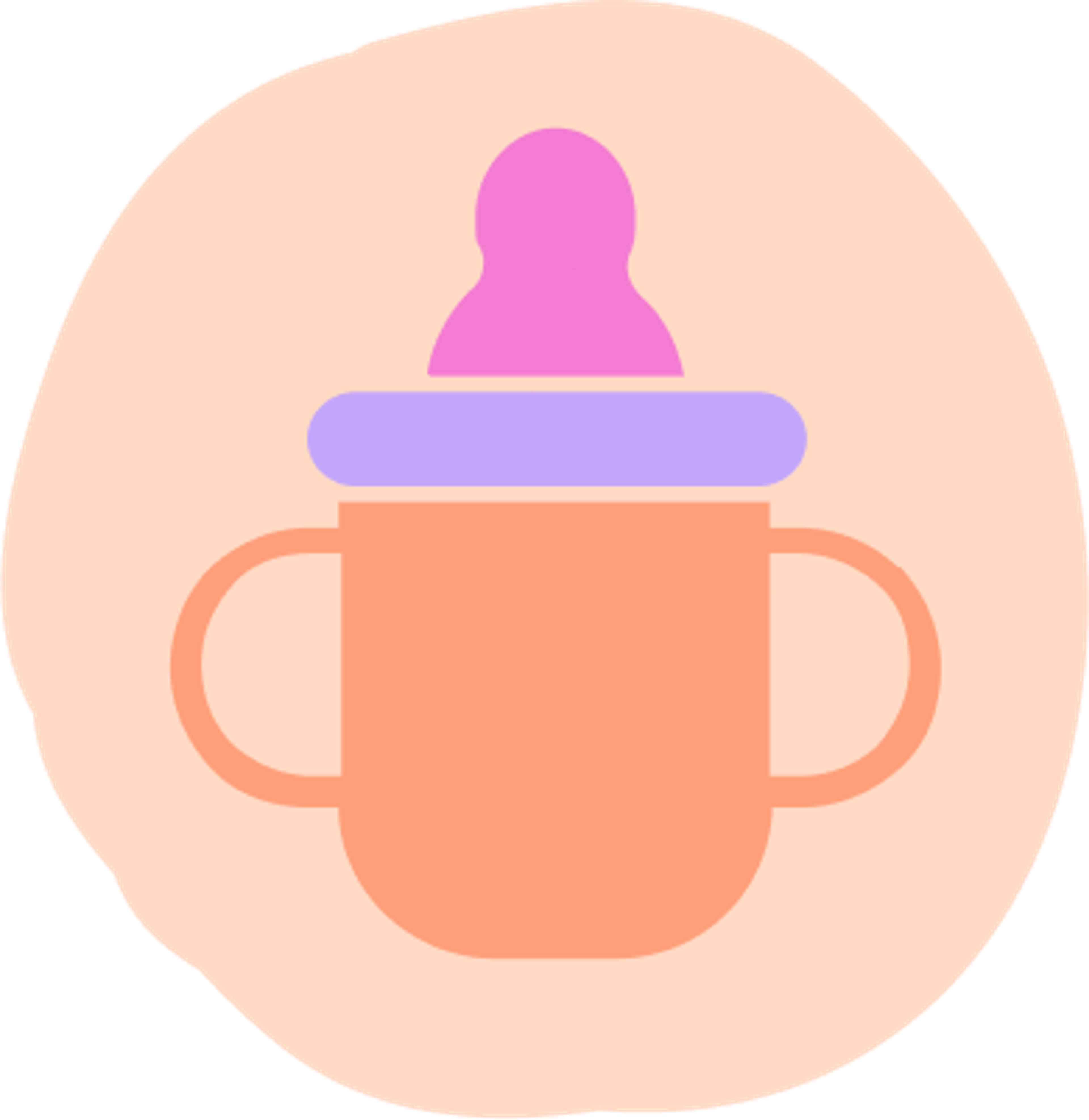 An illustration of a baby bottle with two side handles. The bottle is orange with a purple ring at the top and a pink rubber nipple. The background is a soft peach circle.
