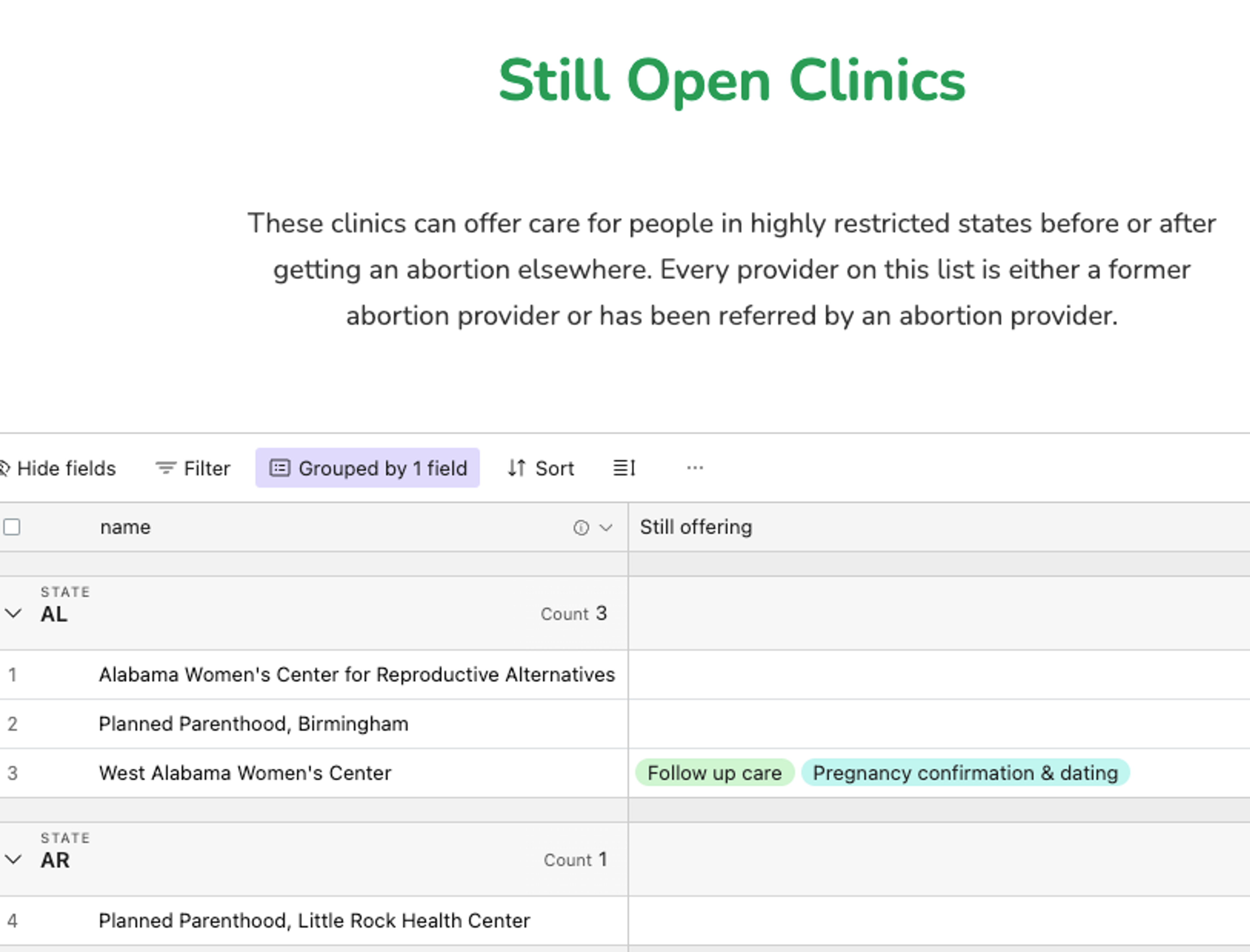 screenshot of still open clinics website