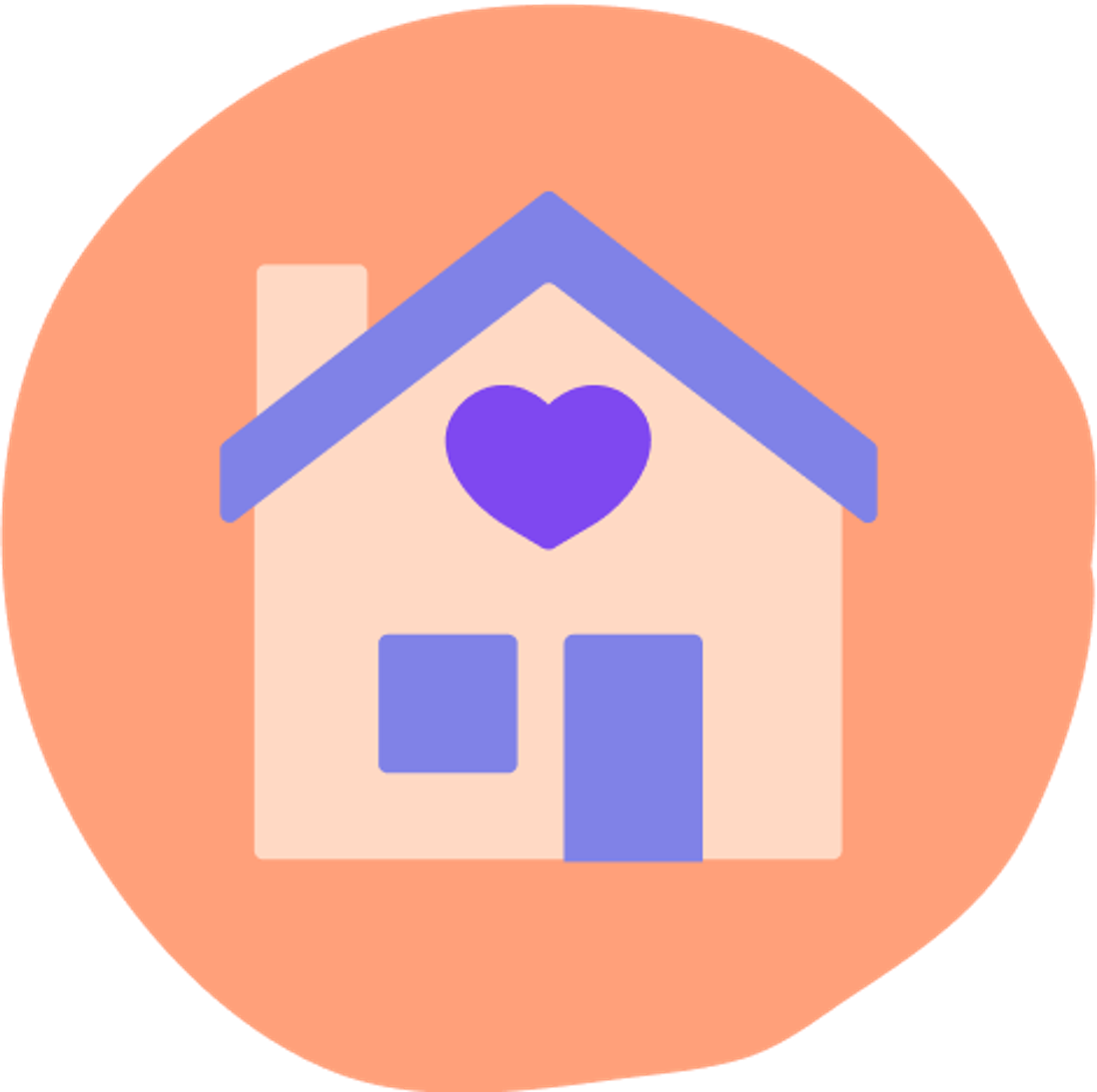 illustration of a orange and purple house with a purple heart on the front