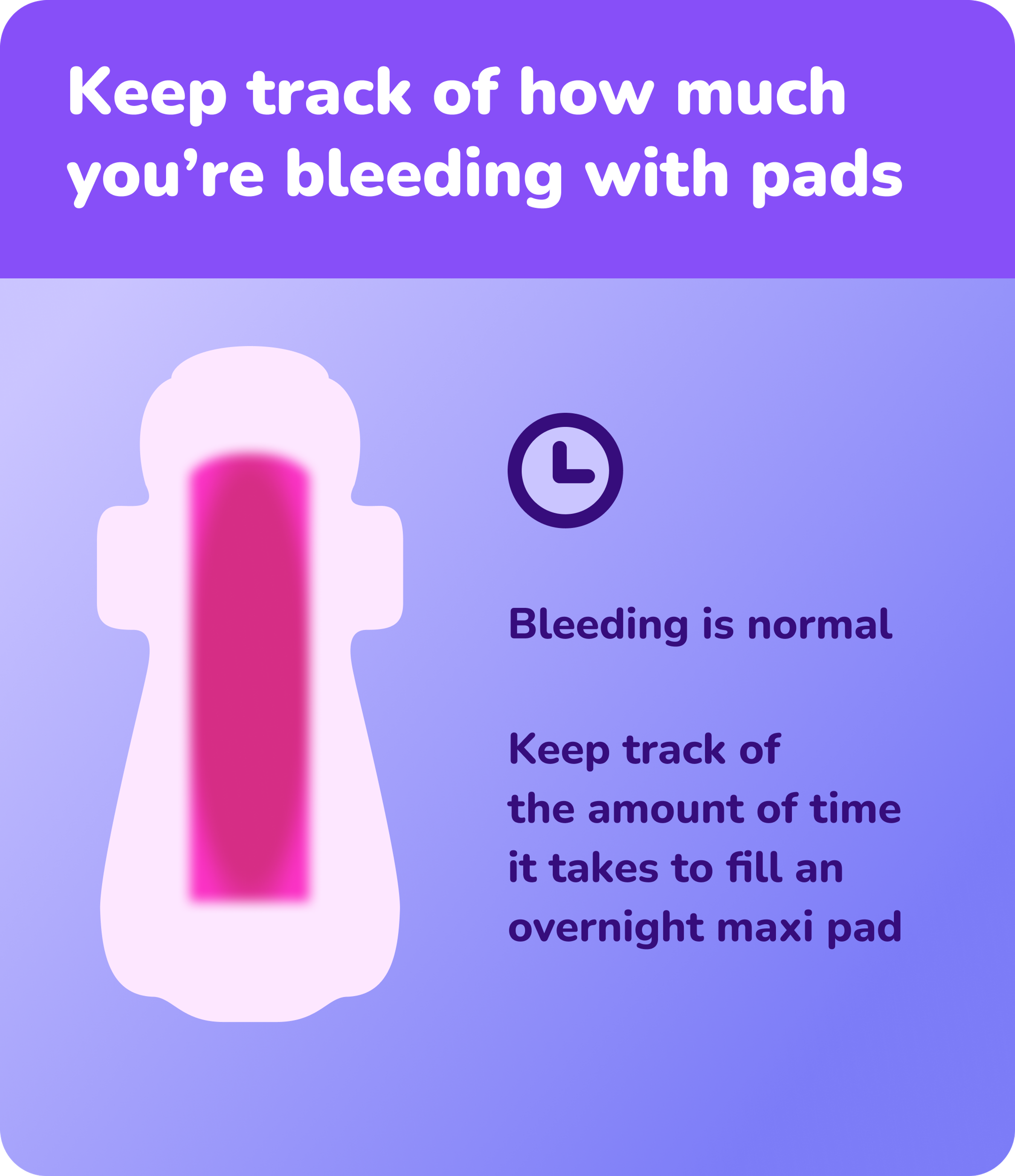 purple background with a banner that reads "keep track of how much you're bleeding with pads". A menstrual pad with blood on it. A small clock icon with "bleeding is normal. Keep track of the amount of time it takes to fill an overnight pad maxi pad"