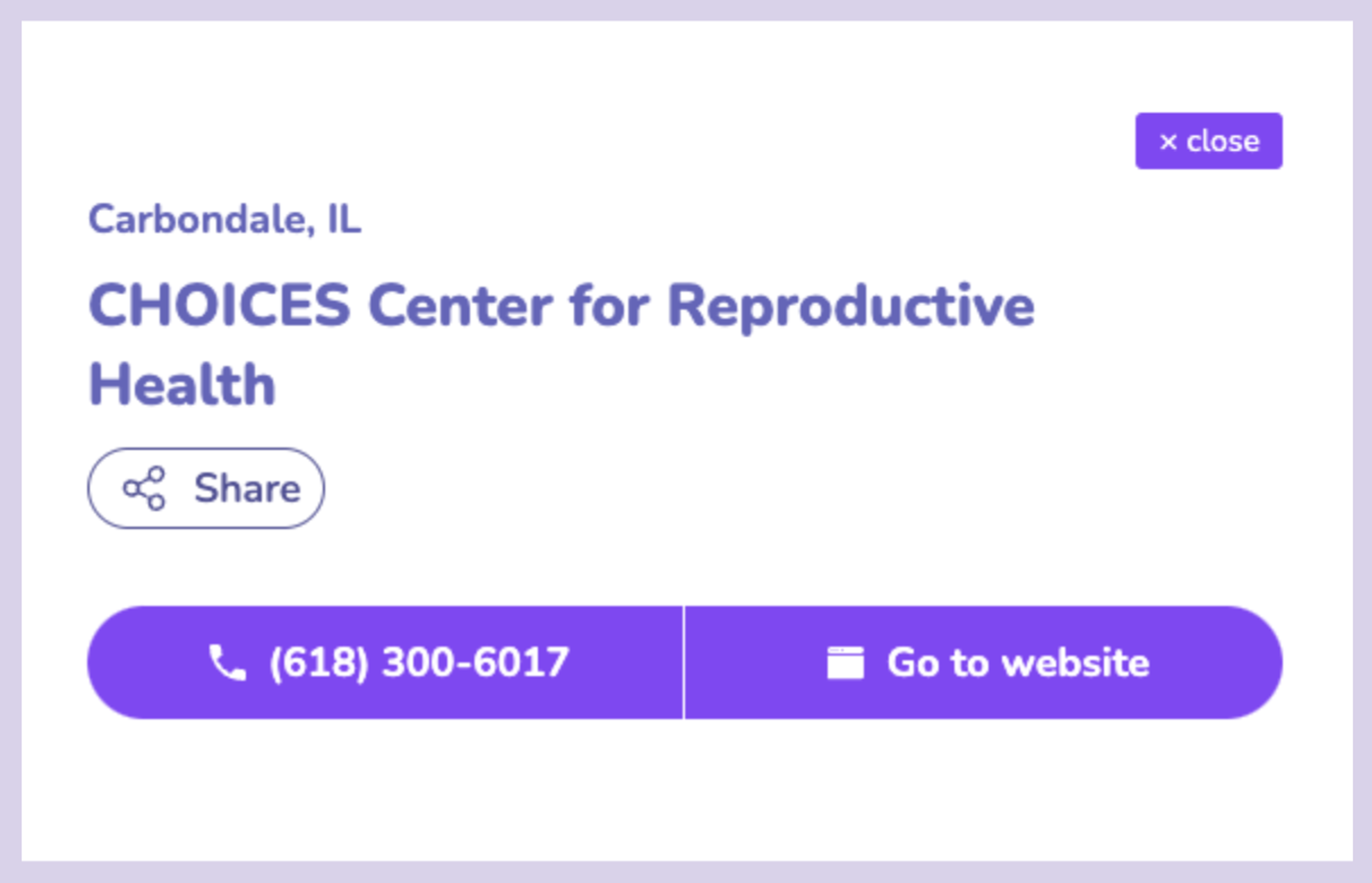 preview of a clinic listing with a new share button