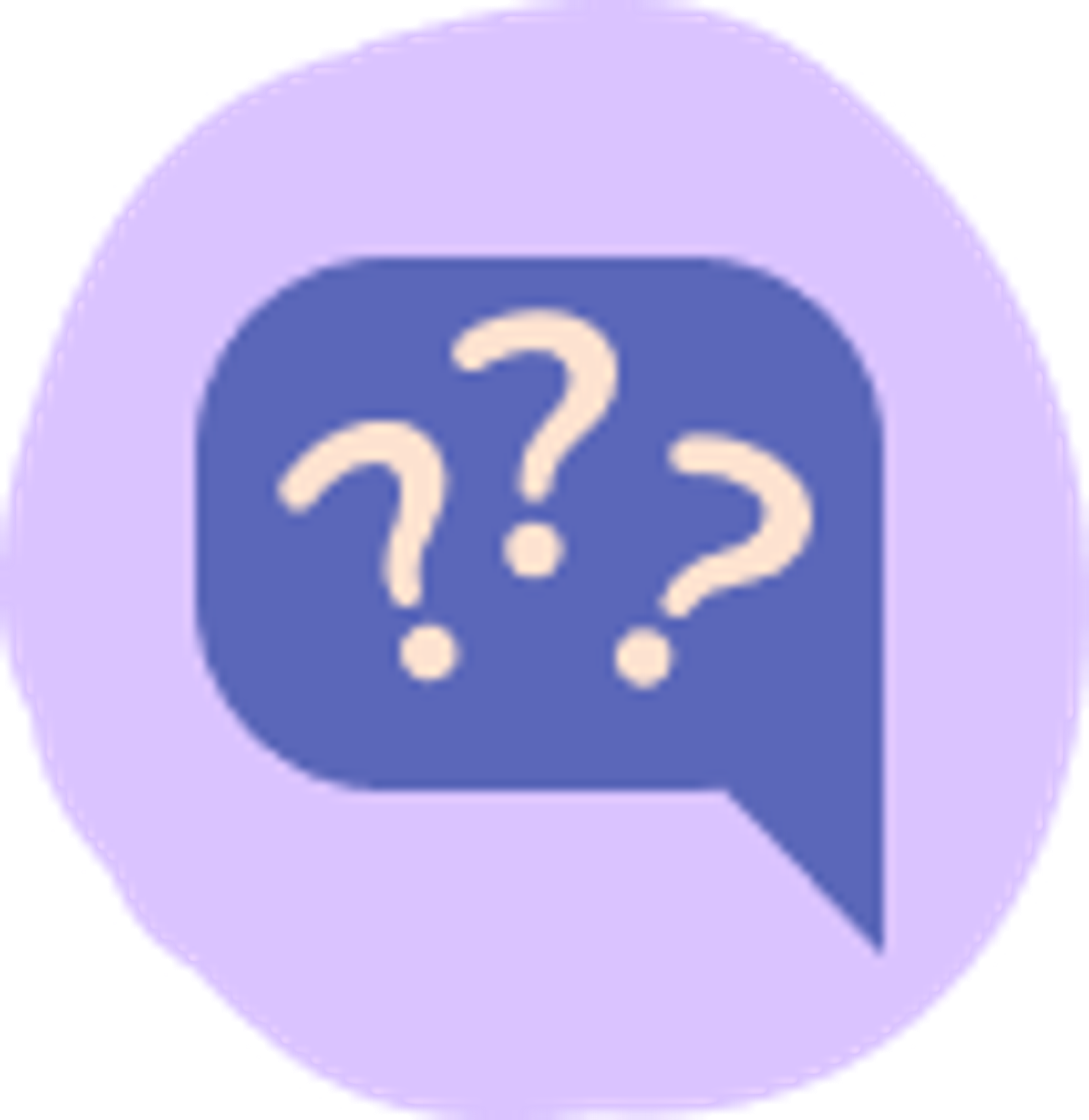 A purple speech bubble with three pink question marks inside, set against a lavender circular background.