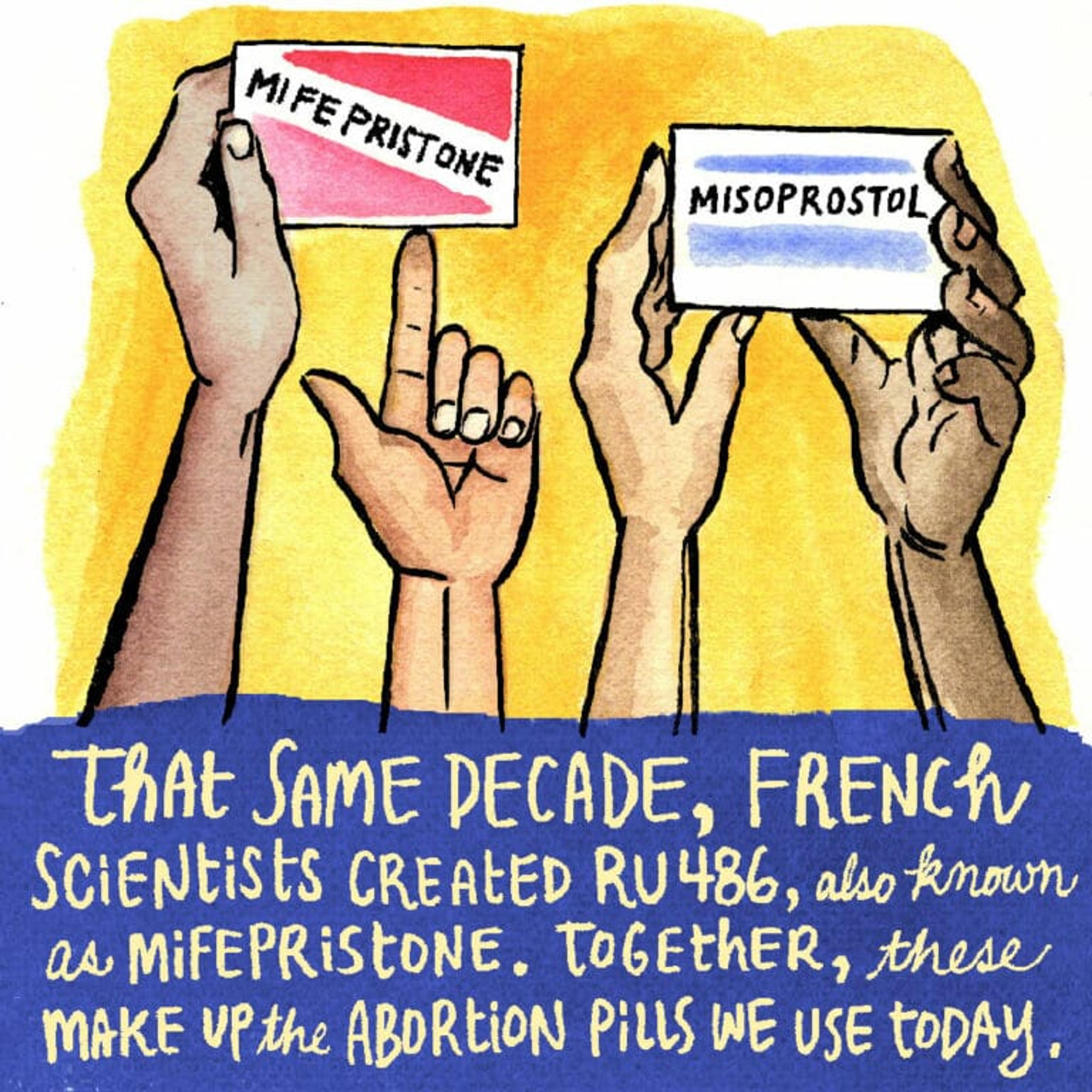 an illustration of 4 hands holding up boxes of mifepristone and misoprostol