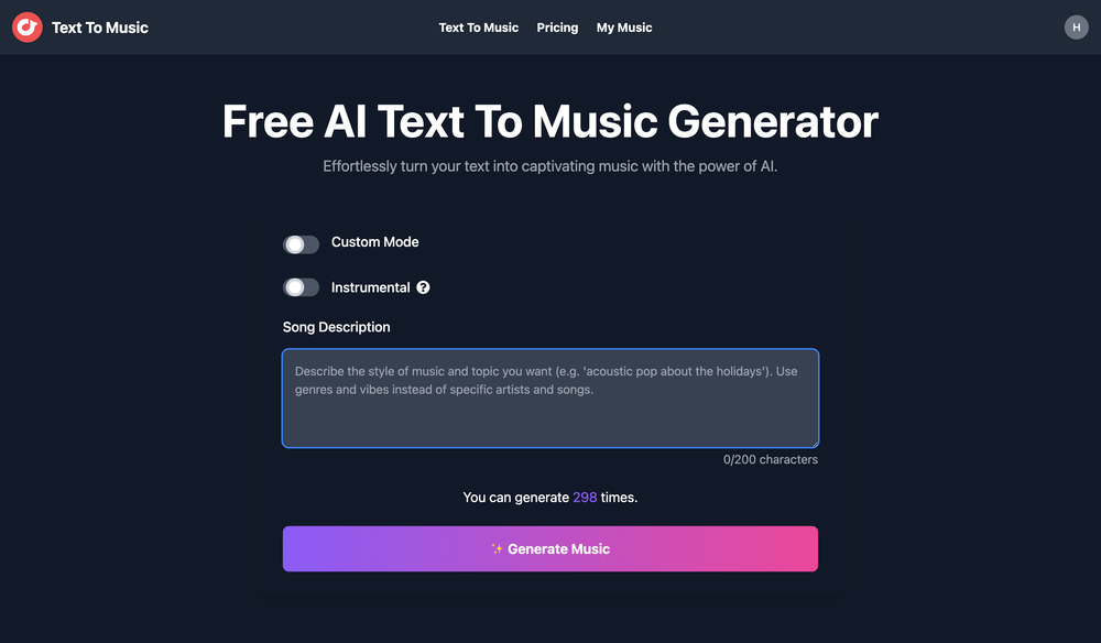 Screenshot of Text To Music