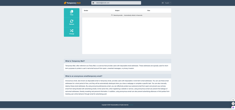 Screenshot of Temporary Mail