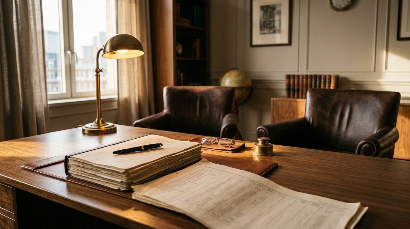 A business intermediary's desk with a fountain pen on bound financial documents and two empty chairs poised for negotiation