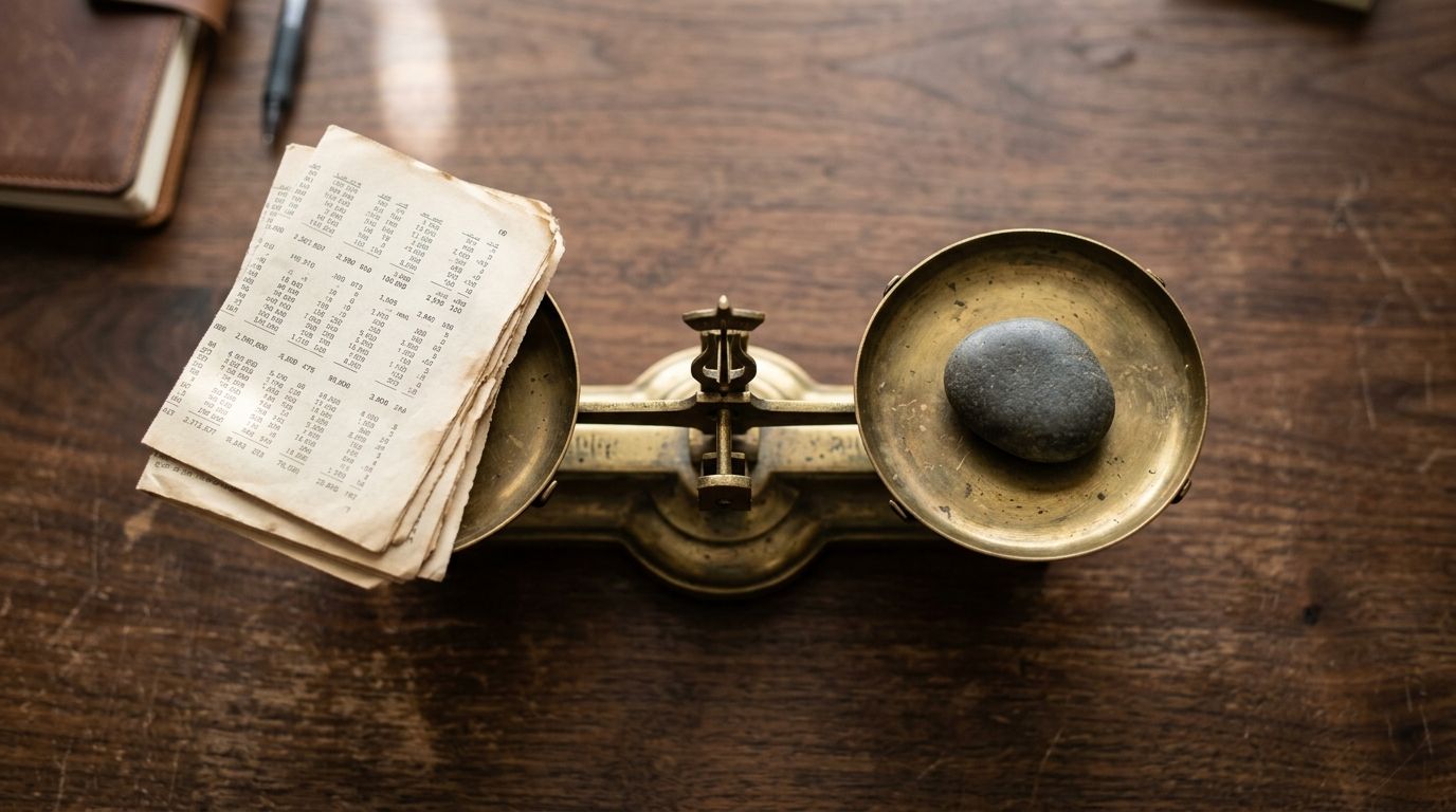 Brass balance scale on a walnut desk weighs financial pages against a river stone, symbolizing a company worth calculator estimate versus true value