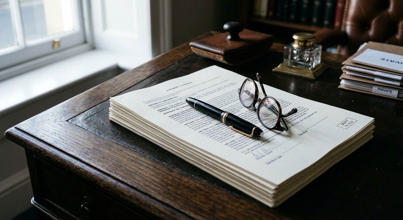 Overhead view of a fountain pen and reading glasses resting on stacked contract pages, evoking the weight of signing an asset purchase agreement