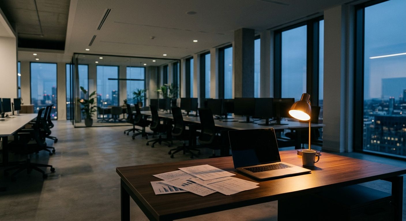 Minimalist trading floor desk at dusk with scattered financial documents, warm desk lamp contrasting cool window light, suggesting analytical …