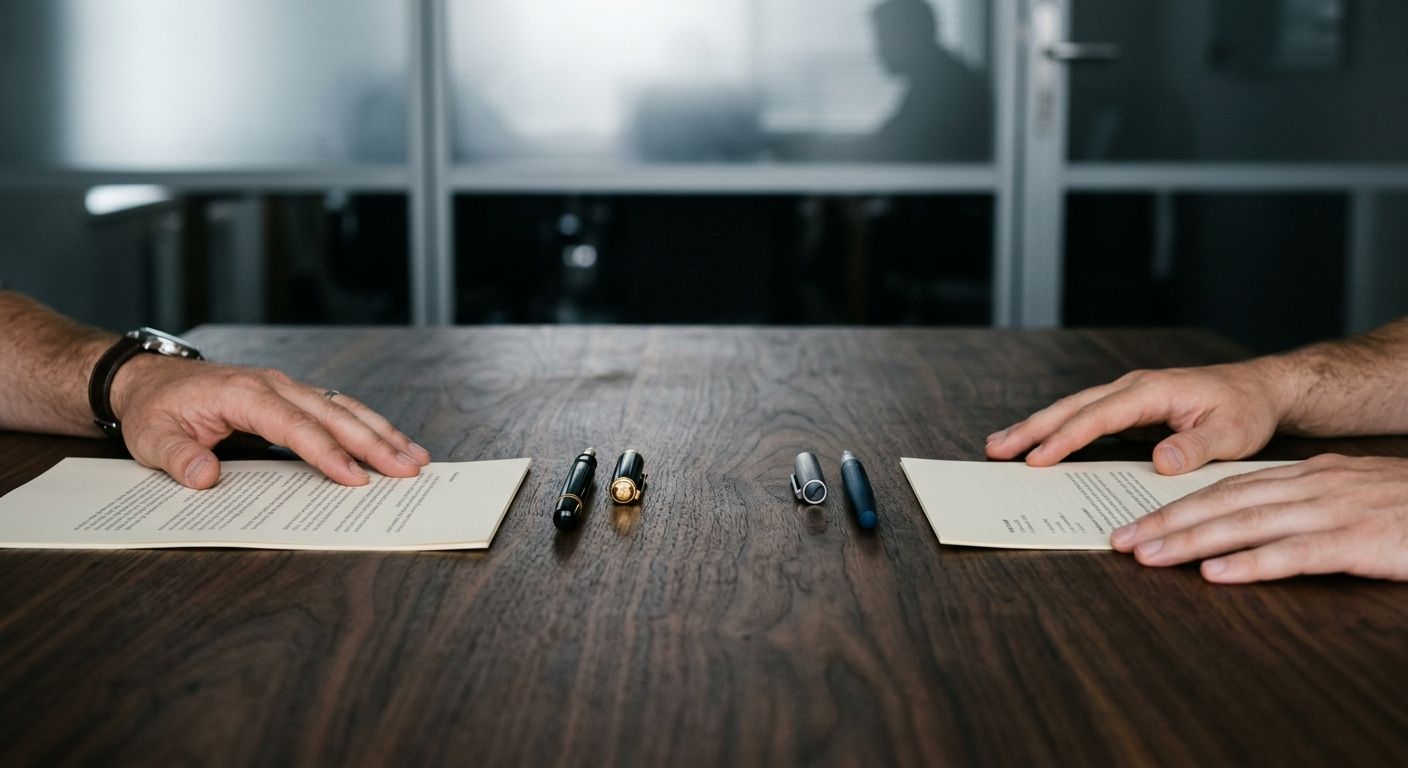 Two hands hold facing-down pages across a wooden table, fountain pens between them, symbolizing the negotiation gap in business valuation
