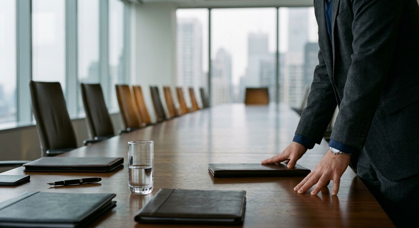 Executive pauses at conference table during private equity deal negotiations, folders and pen in sharp focus suggesting stages of acquisition process ahead