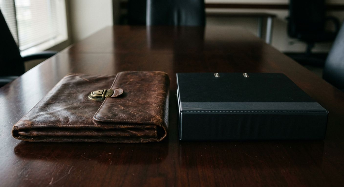 Two contrasting business tools—a worn leather portfolio and a rigid matte-black binder—sit side by side on a polished conference table, their shadows …