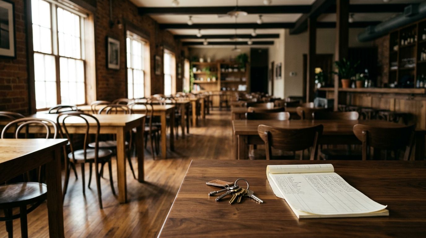 Empty dining room bathed in soft morning light, keys and financial papers on a table hinting at restaurant sales transitioning to new ownership