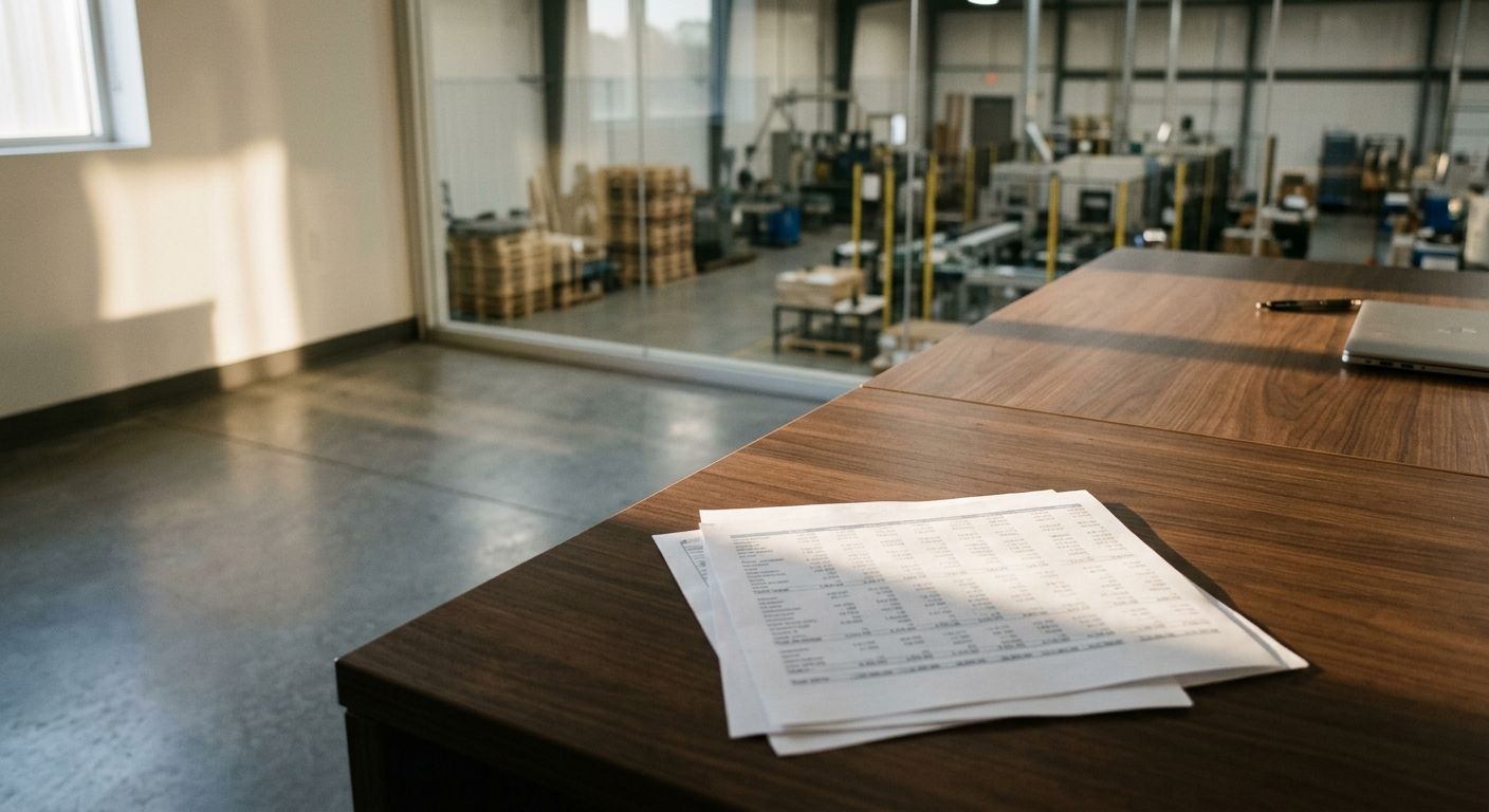 Late-afternoon light across a sparse executive desk with financial statements, factory floor visible through glass wall beyond