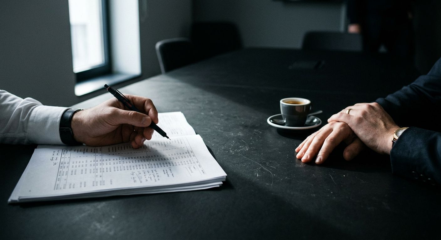 Two professionals examine financial documents across a conference table during high-stakes deal negotiations and due diligence review