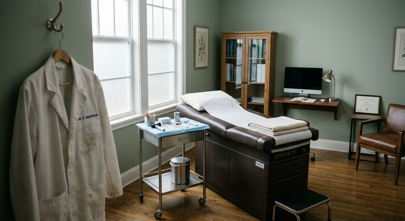 Pristine medical examination room with soft afternoon light, empty leather table, and physician's coat, embodying decades of established practice ready for …