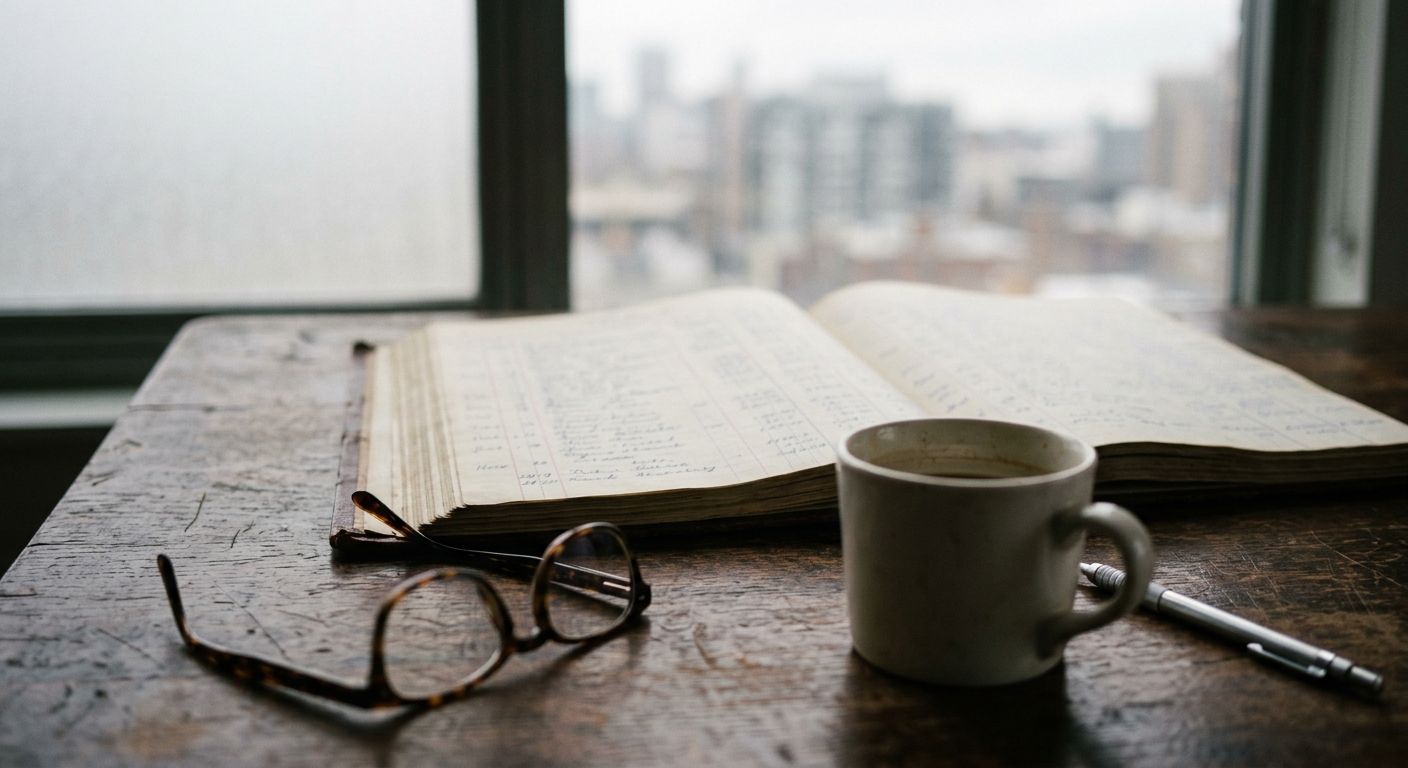 Accountant's desk with glasses, ledger, and coffee mug overlooking a blurred Manhattan skyline, symbolizing financial evaluation before a business sale