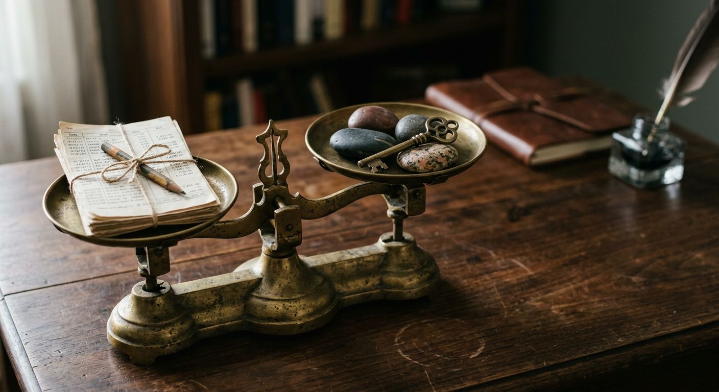 Antique brass balance scale weighs financial papers against stones and a key, symbolizing the tradeoffs between valuation methods